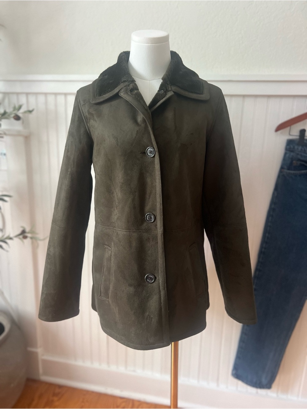 CHAPS Womens S Olive Faux Suede Sherpa Lined Coat Faux Fur Collar Classic Green